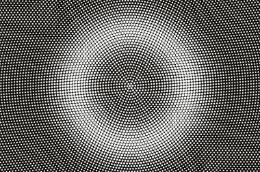 Siyah yarım ton vektör dokusunda beyaz nokta. Yuvarlak noktalı eğim. Vintage etkisi için merkezli nokta çalışması yüzeyi. Monokrom yarım ton kaplama. Geçmiş zamanda delinmiş. Mürekkep nokta desen kartı