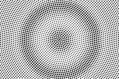 Siyah ve beyaz yarı ton vektör dokusu. Dijital pop sanat geçmişi. Vintage etkisi için yuvarlak nokta gradyanı. Monokrom yarım ton kaplama. Yüzeyde delik var. Mürekkep nokta desen kartı