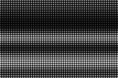 Siyah arka planda beyaz noktalar. Dijital yarım ton vektör dokusu. Vintage etkisi için yatay nokta gradyanı. Monokrom yarım ton kaplama. Yüzeyde delik var. Pop sanat tarzı nokta desen kartı