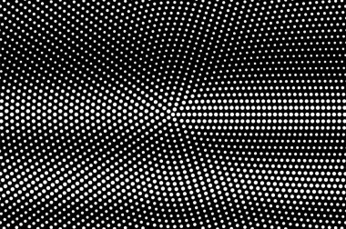 Siyah arka planda beyaz noktalar. Yuvarlak yarım ton vektör dokusu. Vintage etkisi için yatay nokta gradyanı. Monokrom yarım ton kaplama. Yüzeyde delik var. Pop sanat tarzı nokta desen kartı