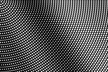 Siyah arka planda beyaz noktalar. Sorunlu yarım ton vektör dokusu. Vintage efekt için kaba nokta gradyanı. Monokrom yarım ton kaplama. Yüzeyde delik var. Pop sanat tarzı nokta desen kartı