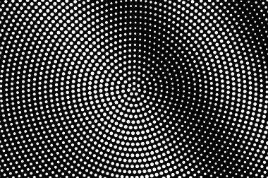 Siyah arka planda beyaz noktalar. Merkezli yarım ton vektör dokusu. Sık sık nokta çalışması gradyanı. Klasik efekt için tek renk yarım ton örtüsü. Yüzeyde delik var. Pop sanat tarzı nokta desen kartı