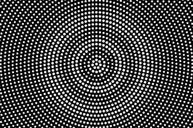 Siyah arka planda beyaz noktalar. Yuvarlak yarı ton vektör doku. Büyük boyutlu dotwork gradyan. Vintage efekti için mono yarı ton kaplama. Delikli yüzey. Pop sanat tarzı nokta doku kartı
