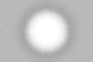 Siyah beyaz yarı ton vektör doku. Dairesel delikli yüzey. Ortalanmış dotwork gradyan. Dijital pop sanat arka plan. Vintage efekti için mono yarı ton kaplama. Siyah mürekkep nokta karikatür doku