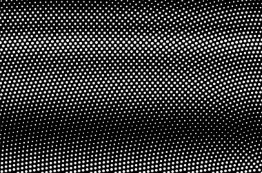 Siyah arka plan üzerine beyaz noktalar. Radyal yarım ton vektör doku sık. Yatay dotwork gradyan. Tek renkli yarı ton kaplaması vintage tasarımı için. Delikli yüzey. Pop sanat tarzı nokta doku kartı