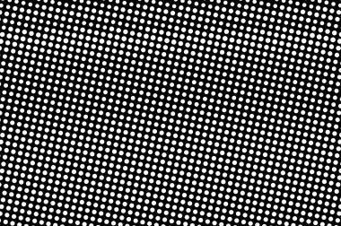 Siyah arka planda beyaz noktalar. Sık grunge yarı ton vektör doku. Pürüzsüz dotwork gradyan. Vintage tasarım için mono yarı ton kaplama. Delikli yüzey. Pop sanat tarzı nokta doku kartı