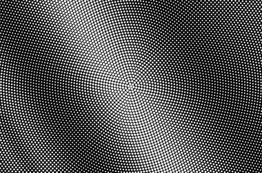 Siyah arka plan üzerine beyaz noktalar. Küçük noktalı resim vektör doku sık. Parlak dotwork gradyan. Tek renkli yarı ton kaplaması vintage tasarımı için. Delikli yüzey. Pop sanat tarzı nokta doku kartı