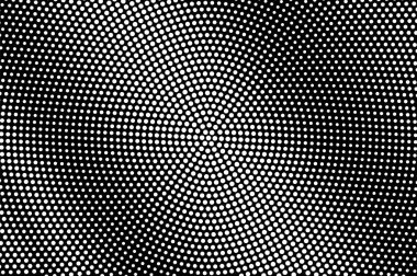 Siyah arka plan üzerine beyaz noktalar. Parlak yarım ton vektör doku merkezli. Çapraz dotwork gradyan. Tek renkli yarı ton kaplaması vintage tasarımı için. Delikli yüzey. Pop sanat tarzı nokta doku kartı