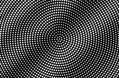 Siyah arka plan üzerine beyaz noktalar. Yarım ton vektör doku merkezli. Çapraz dotwork gradyan. Tek renkli yarı ton kaplaması vintage tasarımı için. Delikli yüzey. Pop sanat tarzı nokta doku kartı