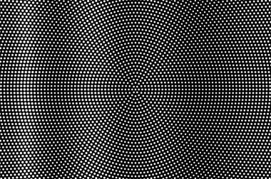 Siyah arka planda beyaz noktalar. Yuvarlak merkezli yarı ton vektör dokusu. Dikey dot iş gradyan. Vintage tasarım için mono yarı ton kaplama. Delikli yüzey. Pop sanat tarzı nokta doku kartı