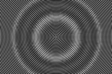 Siyah arka plan üzerine beyaz noktalar. Dairesel yarım ton vektör doku. Yuvarlak dotwork gradyan. Tek renkli yarı ton kaplaması vintage tasarımı için. Delikli yüzey. Pop sanat tarzı nokta doku kartı