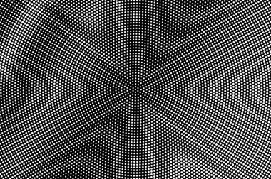 Siyah arka plan üzerine beyaz noktalar. Sık yarım ton vektör doku merkezli. Çapraz dotwork gradyan. Tek renkli yarı ton kaplaması vintage tasarımı için. Delikli yüzey. Pop sanat tarzı nokta doku kartı
