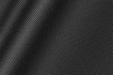Siyah arka plan üzerinde beyaz nokta. Sık mikro yarı ton vektör dokusu. Diyagonal nokta çalışması degradesi. Vintage tasarım için monokrom yarı ton kaplama. Delikli yüzey. Pop art tarzı nokta doku kartı
