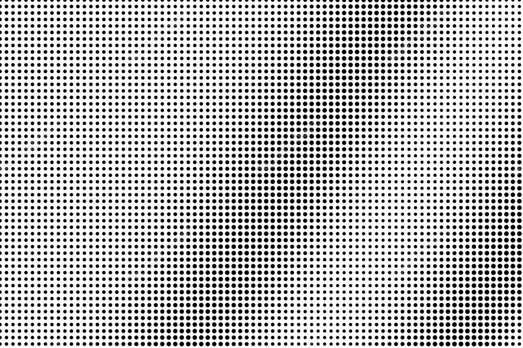 Black dots on white background. Smooth perforated surface. Regular halftone vector texture. Diagonal dotwork gradient. Monochrome halftone overlay for vintage design. Pop art style dot texture card