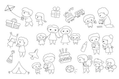 Geleneksel aile sahne vektör çizim beyaz arka plan üzerinde. Mutlu çocuklar ve ebeveynler sayfa boyama. Anne ve babaları clipart sıraladı. Siyah çizgi çizgi film karakterleri. Aile çocukça karalamalar