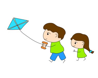 Beyaz arka plan üzerinde renkli aile sahne vektör çizim. Baba ve kız uçurtma ile oynuyor. Anne-baba ve çocuk çocukça Stil doodle. Mutlu aile çocukluk clipart. Sevimli karakter anahat simgesini