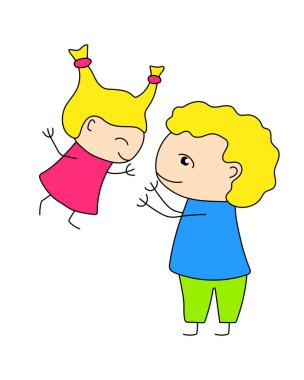 Beyaz arka plan üzerinde renkli aile sahne vektör çizim. Baba ve kızı birlikte oynama. Anne-baba ve çocuk çocukça Stil doodle. Mutlu aile çocukluk clipart. Sevimli karakter anahat simgesini