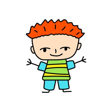 Çocuk doodle vektör çizim beyaz arka plan üzerinde gülümseyen. Yaz aylarında Kızıl saçlı mutlu çocuk giyim. Kreş küçük çocuk çizim tarzı. Çocuklar için ürünler veya eğitim logosu. Şirin çocuk karakter simgesi