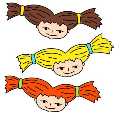 Sarışın, kahverengi ve kırmızı saçlı kız yüzü gülüyor. Doodle kız baş vektör çizim beyaz arka plan üzerinde. Farklı saç rengi çocuklarla. Güler çocuk yüz. Çocuk oyuncakları veya eğitim handdrawn simgesi