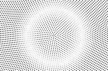Siyah ve beyaz yarı ton vektör arka plan. Ortalanmış nokta degradesi. Yuvarlak nokta yüzeyi. Sık noktalı yarı ton.