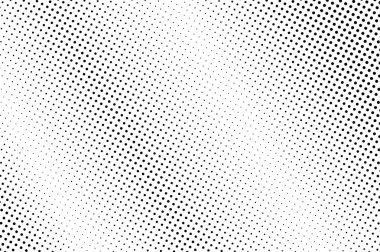Siyah ve beyaz yarım ton vektör arkaplan. Çapraz nokta gradyanı. Sert nokta çalışması yüzeyi. Solmuş noktalı yarım ton