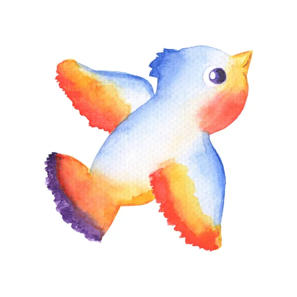 Corta el colorido carácter de pájaro sobre fondo blanco. Ilustración de acuarelas voladoras. Aves artesanales con pluma azul naranja —  Fotos de Stock