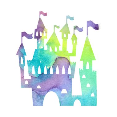 Magic castle silhouette with watercolor texture on white background. Princess palace with tower and flags
