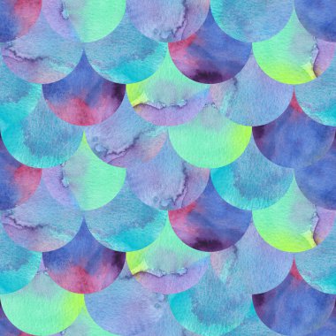 Mermaid or fish scale seamless pattern with watercolour texture. Turquoise and violet mermaid scale background