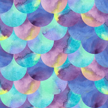 Mermaid or fish scale seamless pattern with watercolour texture. Blue and purple mermaid scale ornament. Watercolor seamless pattern