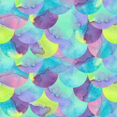 Mermaid fish scale seamless pattern with watercolour texture. Mint blue green mermaid scale. Watercolor seamless pattern