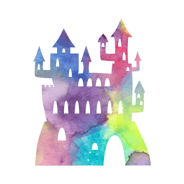 Fantástica silueta del castillo con textura de acuarela sobre fondo blanco. Palacio de la princesa con torres y fortaleza — Foto de Stock