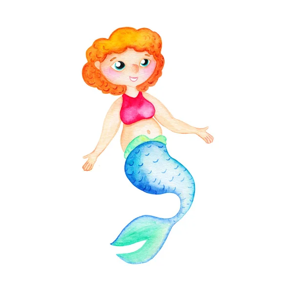 Curvy mermaid with red hair isolated on white background. Plus size mermaid happy smile. Young mermaid watercolor illustration — kuvapankkivalokuva