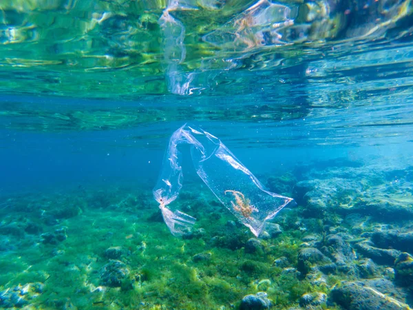 Bolsa de plástico con algas en el interior de agua de mar azul, foto submarina. Mar tropical con basura plástica. Problema ecológico — Foto de Stock