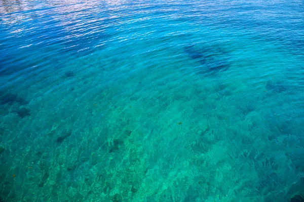 波紋を持つターコイズブルーの海水。牧歌的な熱帯の海辺の最小限の写真の背景。晴れた日の清潔で透明な海岸. — ストック写真