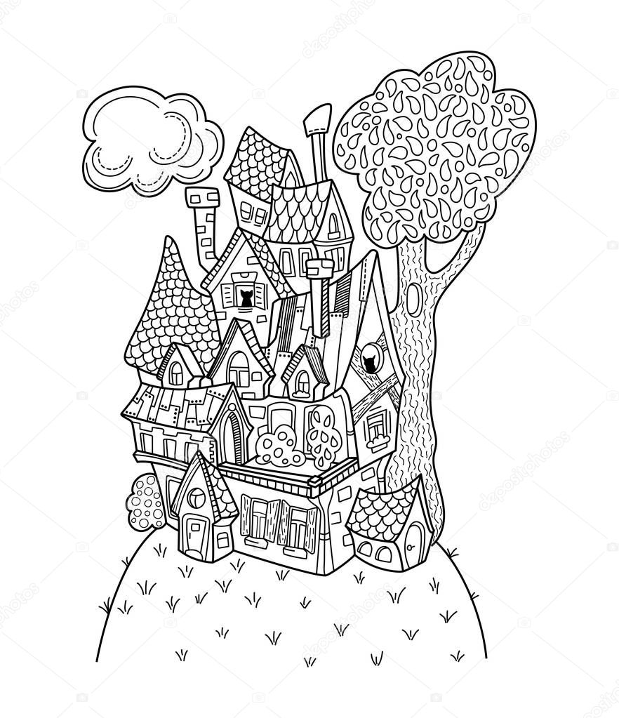 Black and white house vector coloring page. Medieval or countryside architecture hand-drawn illustration. Black and white cozy home for coloring