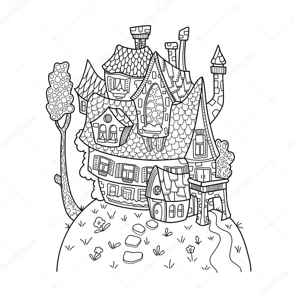 Cute house and tree black and white vector illustration for adult coloring. Vintage architecture. Summer countryhouse with chimney and scaled roof.
