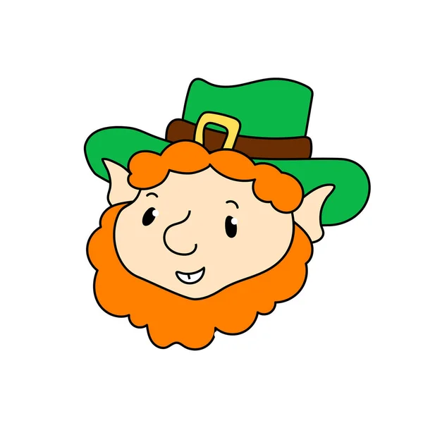 Cabeza de personaje duende en sombrero verde. Máscara o símbolo del Día de San Patricio. Duende sonriente en barba roja y sombrero verde — Archivo Imágenes Vectoriales