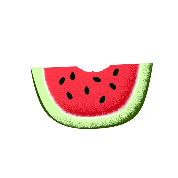 Rebanada de sandía con marca de mordedura. Ilustración vectorial texturizada de sandía sobre fondo blanco. Icono de fruta de verano aislado — Vector de stock