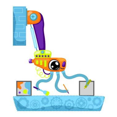 Beyaz arka plan üzerinde sevimli robot karakter vektör illüstrasyon. Konveyör bandına otomatik makine çizimi.