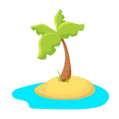 Renkli palmiye ağacı adası. Denizde tropikal ada. Beyaz arka plan üzerinde Palm adası karikatür vektör illüstrasyon.