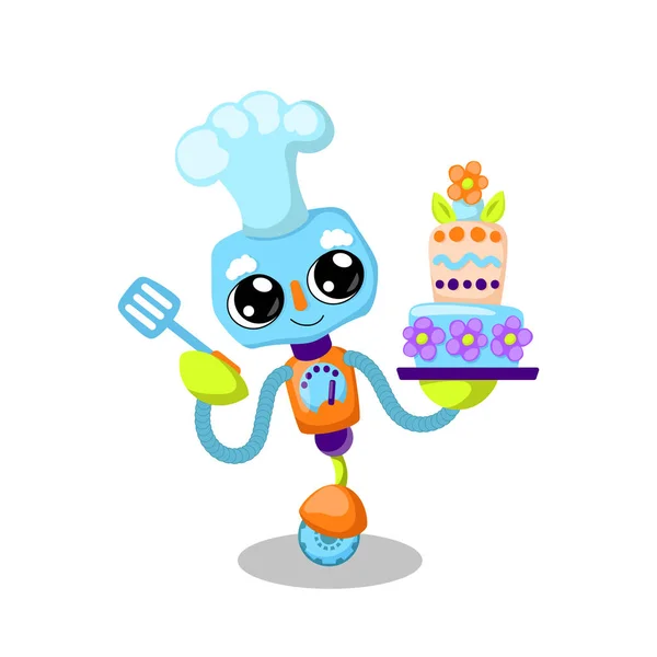 可爱的机器人角色矢量插图在白色背景。用现代技术烹饪蛋糕。机器人面包师. — 图库矢量图片