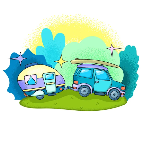Araba ve karavan açık havada seyahat. Beyaz arka plan üzerinde Rv araç vektör illüstrasyon. Yaz tatili taşımacılığı. — Stok Vektör