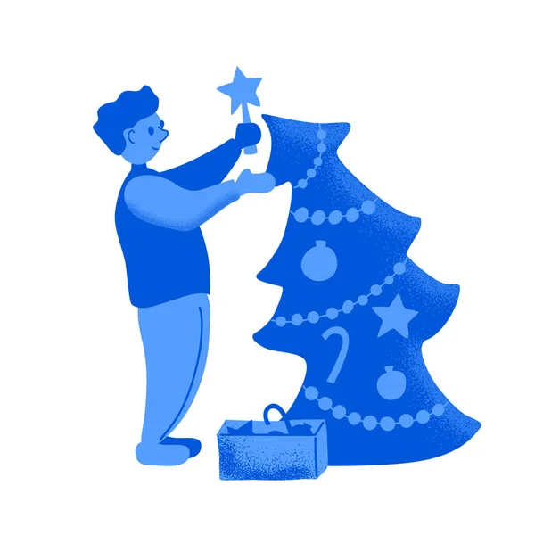 O homem decora a árvore de Natal. Ilustração vetorial texturizada sobre fundo branco. Duotone cena de Natal — Vetor de Stock