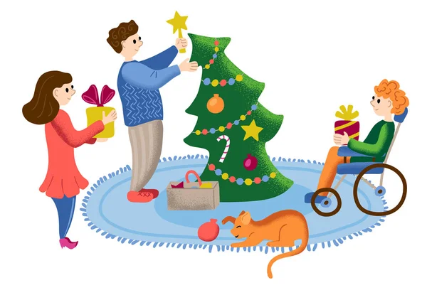 Los amigos decoran el árbol de Navidad. Acogedora escena de vacaciones de invierno. Ilustración vectorial texturizada. Familia o amigo fiesta en casa . — Archivo Imágenes Vectoriales