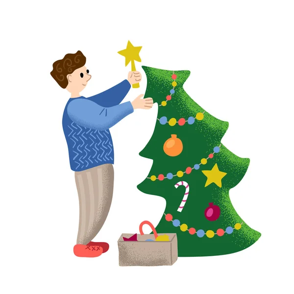 Árbol de Navidad decorado por un hombre sonriente. Ilustración vectorial de Navidad o Año Nuevo. Persona feliz decorar árbol de Navidad . — Archivo Imágenes Vectoriales