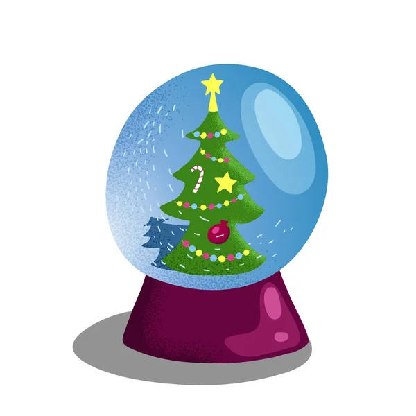 Salju dunia dengan pohon Natal. Ilustrasi vektor dekorasi liburan musim dingin pada latar belakang putih . - Stok Vektor