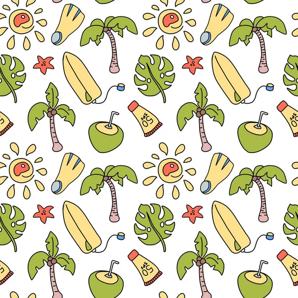 Coconut palm et planche de surf motif sans couture sur fond blanc. Vacances d'été impression ludique — Image vectorielle