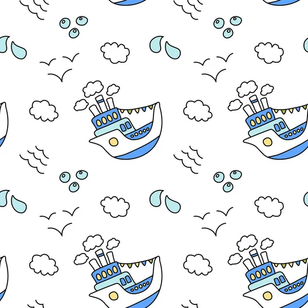 可爱的船舶和云无缝模式在白色背景。蓝色和白色航海打印。儿童生日包装纸 — 图库矢量图片
