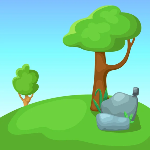 Paisaje de verano con campo verde, árboles y piedras, ilustración vectorial en estilo de dibujos animados. Viaje de verano al aire libre — Vector de stock