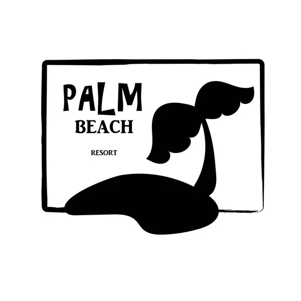 Silueta negra isla tropical con texto en marco. Logo de Palm Beach Resort vector sobre fondo blanco. Verano vacaciones escape logo — Archivo Imágenes Vectoriales